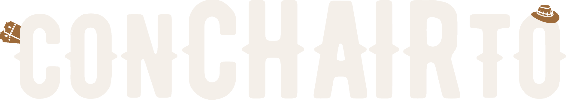 The word "conCHAIRto" in large light beige letters with a brown guitar on the left and a brown concha pastry with a cup on the right.