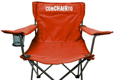 A red folding camp chair with armrests, a cup holder on the left arm, and "conCHAIRto" boldly printed on the backrest.