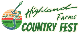 Highland Farms Country Fest logo featuring a guitar and sunset graphic with stylized text, inspired by the spirit of conCHAIRto.