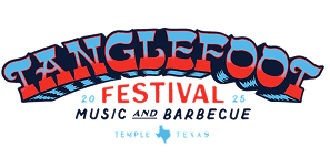 Tanglefoot Festival 2025 logo with "Music and Barbecue," "Temple, Texas" text, and bold blue and red lettering, presented by conCHAIRto.