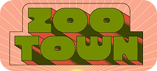 Logo with the words "ZOO TOWN" in large, bold, green letters on a pink and red background with radiating lines, featuring a playful conCHAIRto vibe.