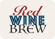 Logo with the words "Red Wine and Brew" in large, stylized red, blue, and black fonts on a light background—perfect for any conCHAIRto event.