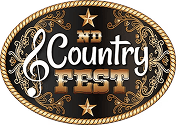 An oval logo with a rope border features "ND Country Fest" and conCHAIRto in bold letters, musical notes, stars, and decorative flourishes on a black background.