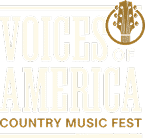 Voices of America Country Music Fest logo featuring a guitar headstock graphic, bold text, and a subtle conCHAIRto vibe for music lovers.