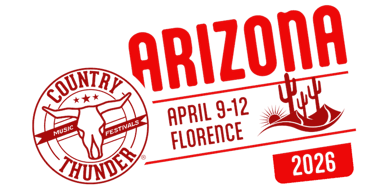 Logo for Country Thunder Music Festival in Arizona, showing festival name, location in Florence, dates April 9-12, and year 2026, with cactus and sun graphics.
