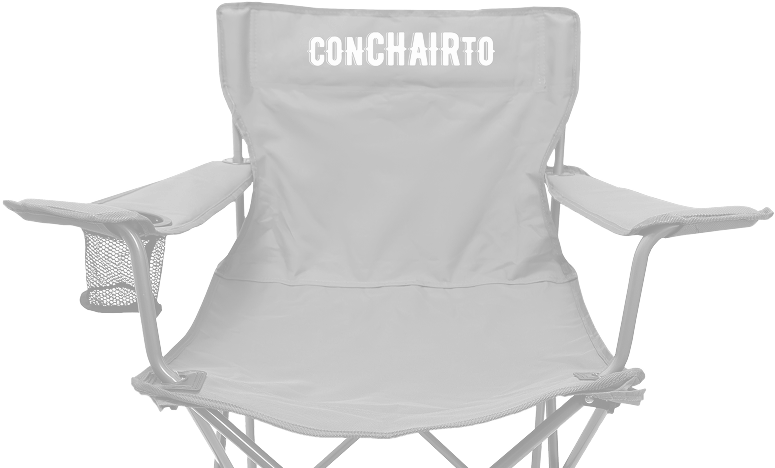 A gray folding camping chair with armrests, cup holder, and the bold "conCHAIRto" logo printed in white on the backrest.