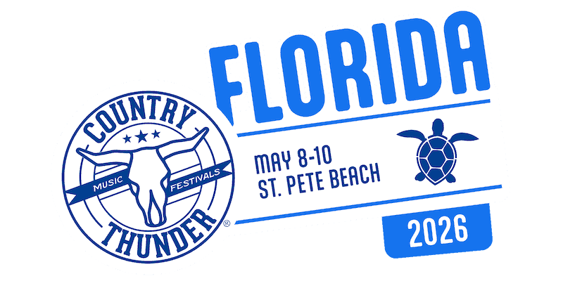 Country Thunder Florida 2026 music festival logo with event dates May 8-10 at St. Pete Beach, and an illustration of a turtle.