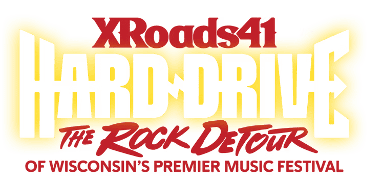 Logo for XRoads41 Hard Drive: The Rock Detour, promoting Wisconsin’s premier music festival, with bold yellow and red text on a white background.