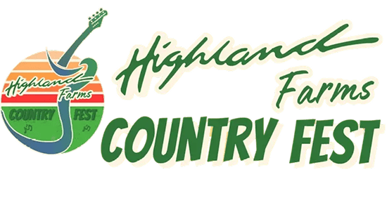 Highland Farms Country Fest logo with a guitar and sunset design, featuring green text reading "Highland Farms Country Fest" and a nod to the conCHAIRto music experience.