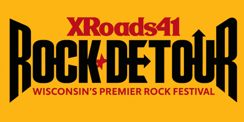 Logo for XRoads41 Rock Detour, Wisconsin’s premier rock festival, with bold black text on a yellow background.