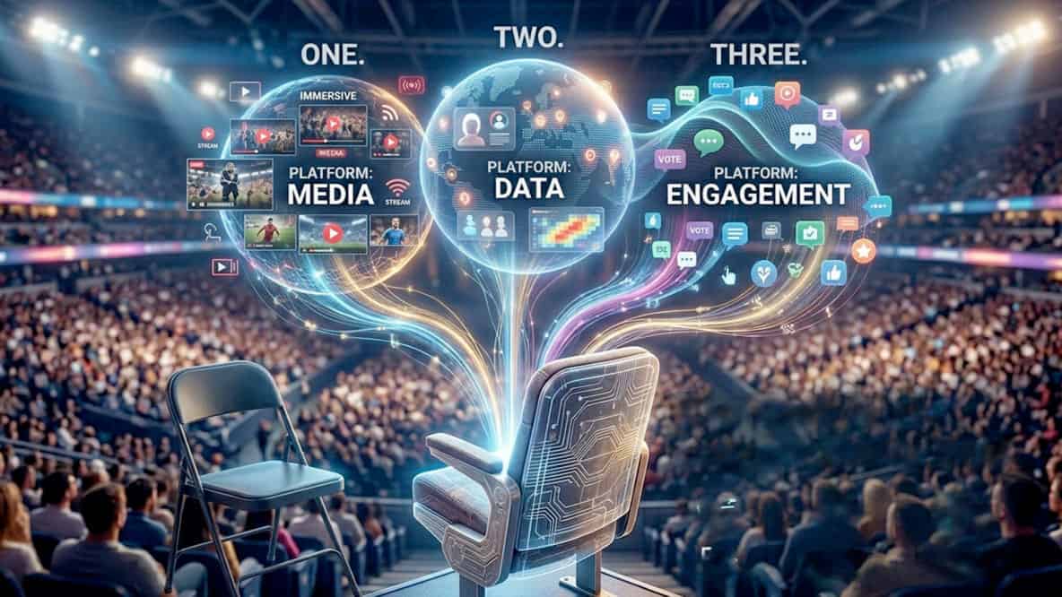 A stadium audience faces a central chair connected to digital spheres labeled Media, Data, and Engagement, each displaying related icons and networks, illustrating three interconnected digital platforms.
