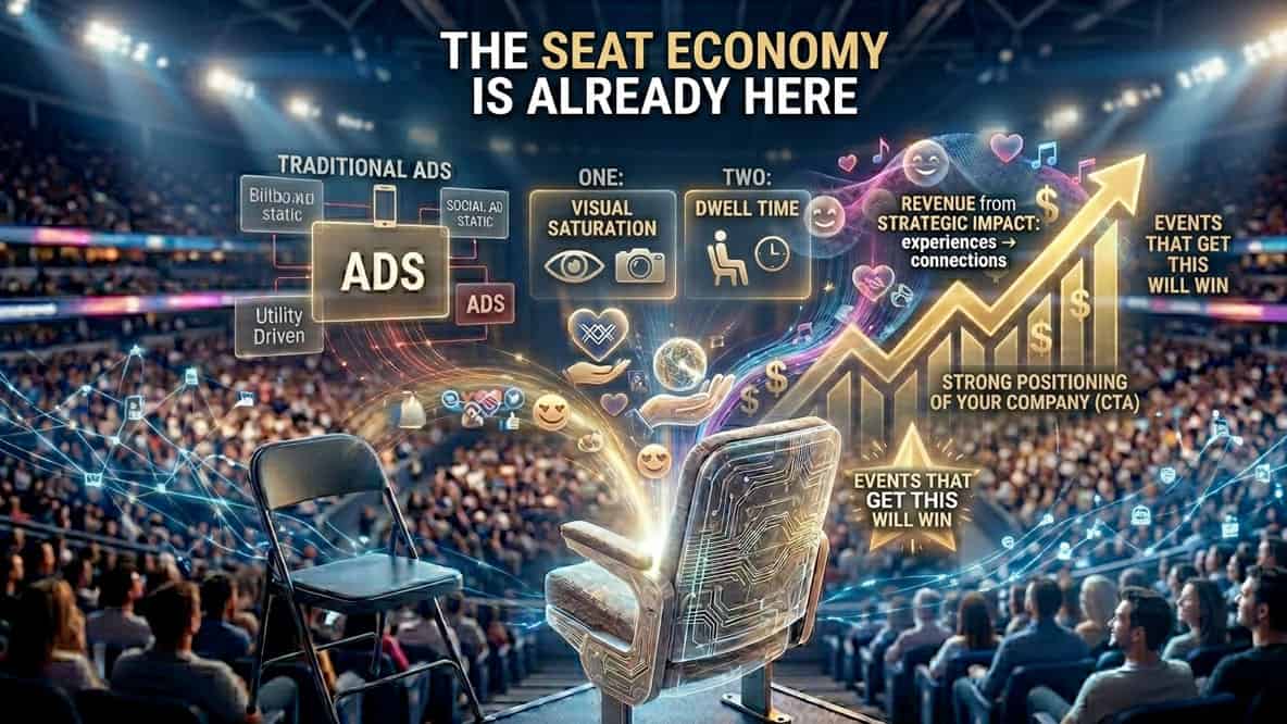 Infographic showing the shift from traditional ads to immersive seat-based marketing, highlighting benefits like revenue growth, strategic impact, and audience engagement in a crowded arena setting.