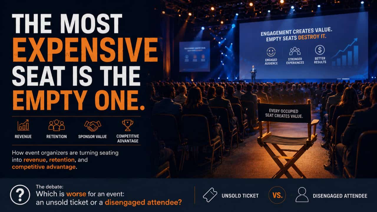 A business conference presentation highlights the cost of empty seats, showing a large audience and a stage with a screen displaying engagement statistics.