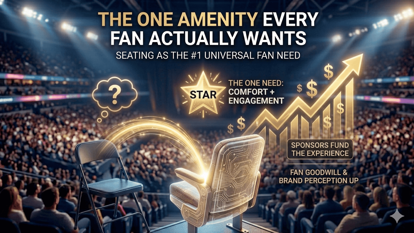 A crowded stadium with a dull folding chair and a glowing, inviting seat, illustrating that comfortable, engaging seating is the top fan need, boosting sponsorship and brand perception.
