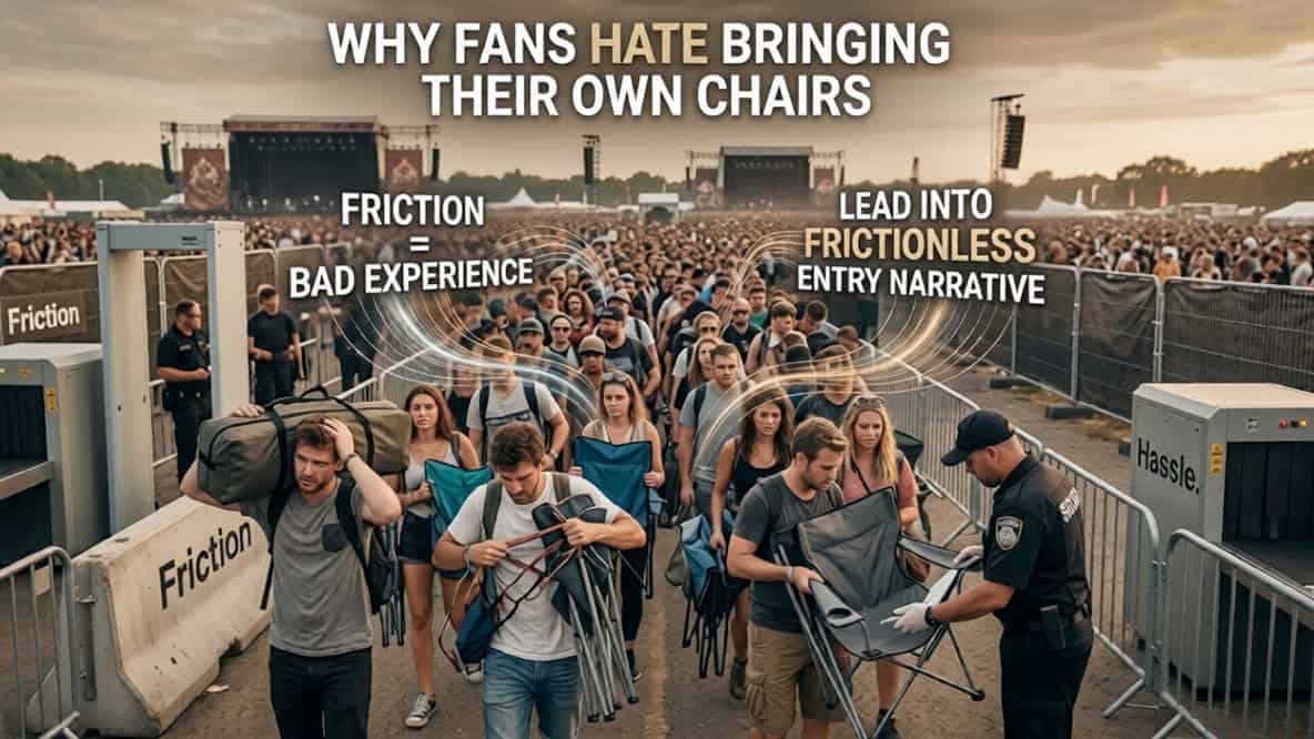 People carrying folding chairs queue at a festival entrance with metal detectors, showing signs about friction and hassle in event entry, contrasting friction versus frictionless experiences.