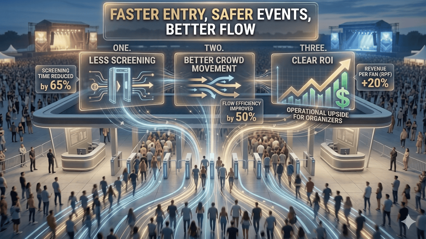 People enter an event through three futuristic gates labeled less screening, better crowd movement, and clear ROI, with benefits and statistics visually highlighted above each entrance.