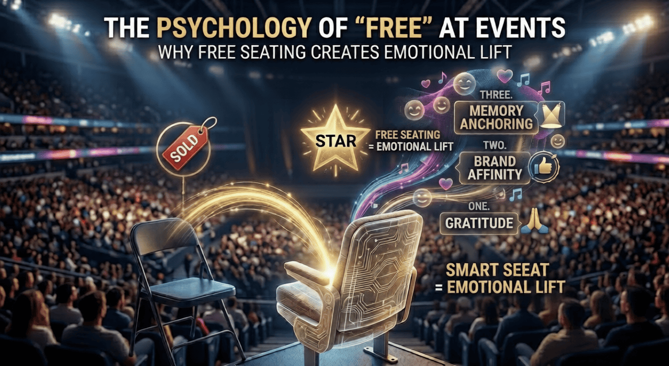 A graphic shows a crowded event with a plastic chair labeled "SOLD" and a glowing "STAR" seat, illustrating the emotional benefits of free seating: gratitude, brand affinity, and memory anchoring.