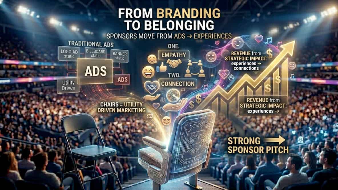 A graphic compares traditional ad methods to experience-driven marketing, showing chairs, charts, and icons to illustrate a shift from ads to impactful audience connections in a stadium setting.