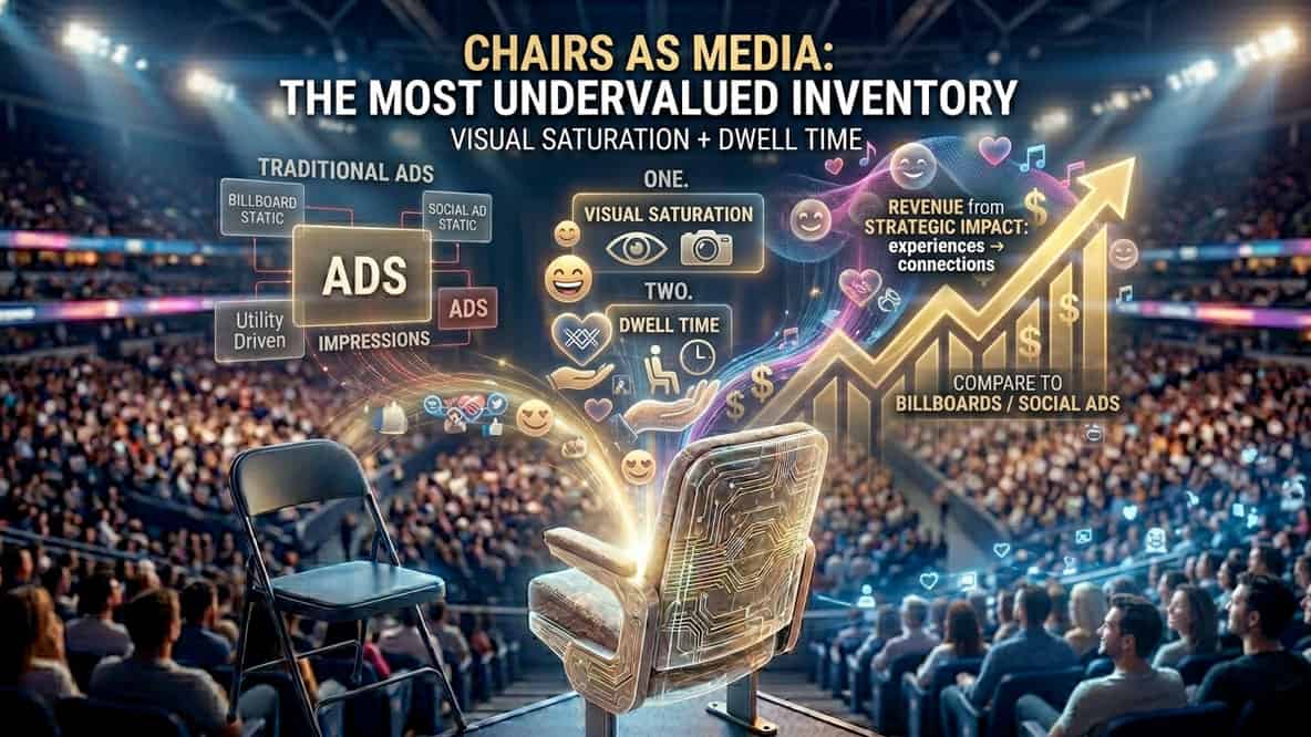 Illustration showing a chair in a stadium with infographics comparing traditional ads to "chairs as media," highlighting visual saturation, dwell time, and strategic impact.
