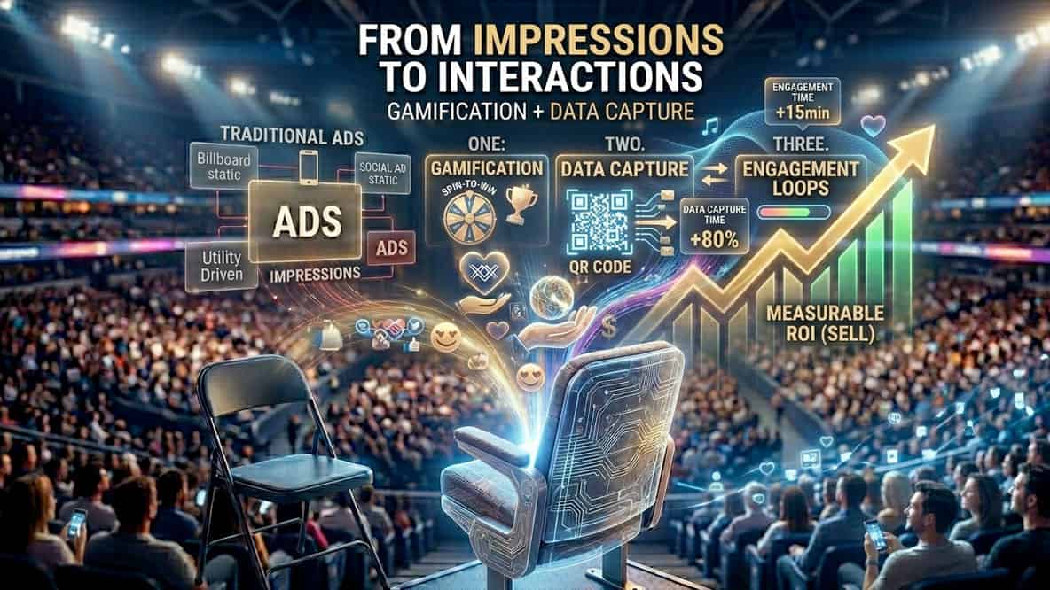 Infographic showing transition from traditional ads to gamified, data-driven marketing, highlighting increased engagement and ROI, with charts, icons, and a stadium audience in the background.