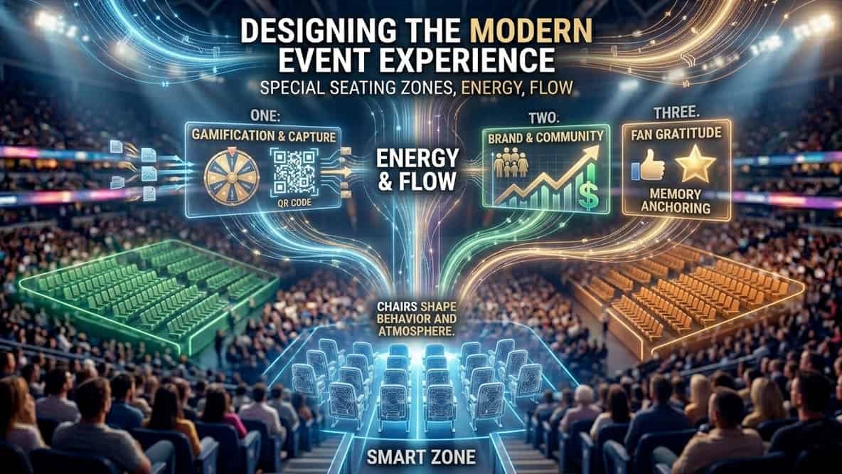 A diagram shows a packed arena with labeled seating zones: Gamification, Energy & Flow, Brand & Community, and Fan Gratitude, illustrating modern event experience design concepts.