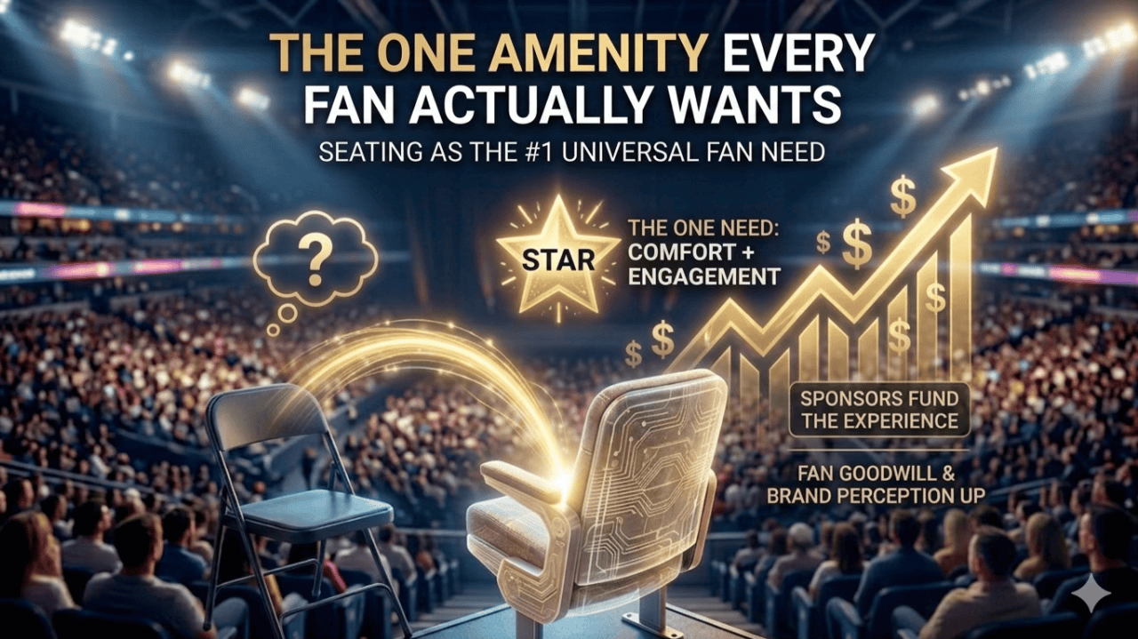 A crowded stadium highlights a glowing comfortable chair labeled "star" beside a plain chair, illustrating that seating is the top amenity fans want, driving comfort, engagement, and sponsor value.